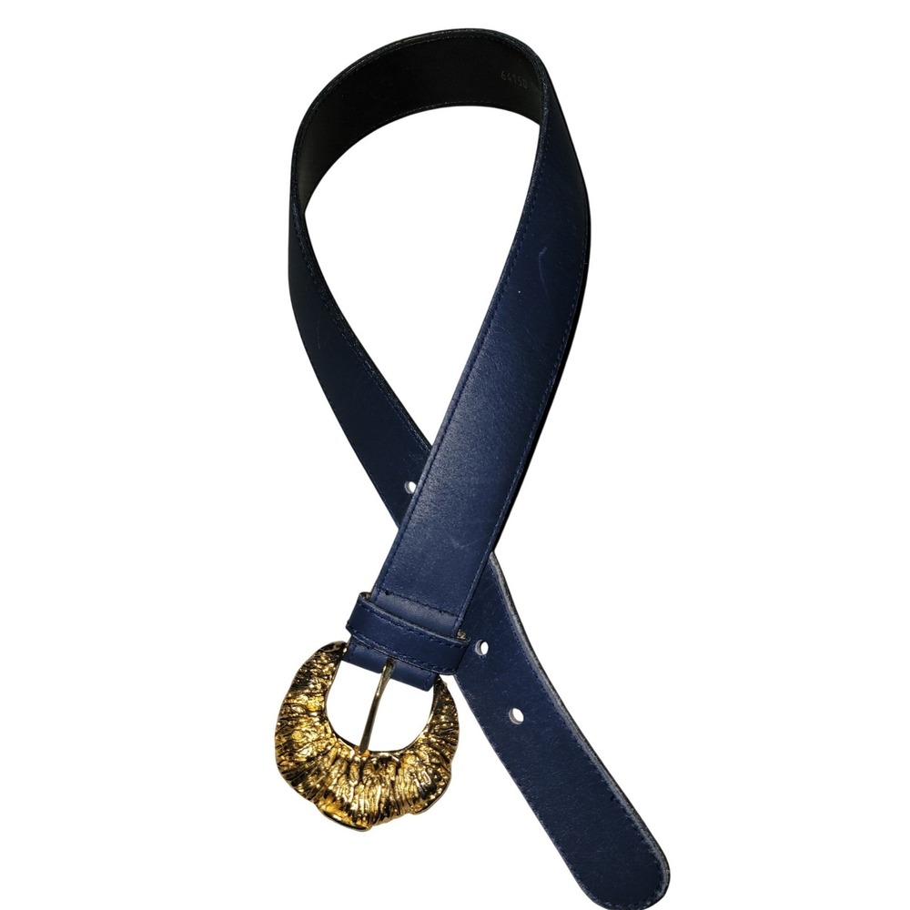 Vintage Navy Blue Genuine Leather Belt Gold Textured Statement Buckle USA Small